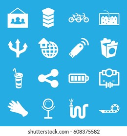 Icons icons set. set of 16 icons filled icons such as mirror, gloves, take away food, drink, water hose, baterry, hair, party pipe, photo, global home, usb signal, building