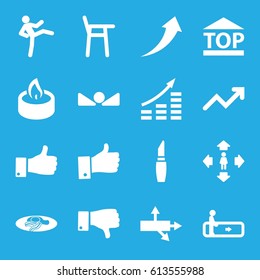 Up icons set. set of 16 up filled icons such as escalator, lipstick, man move, fried egg and bacon, top of cargo box, dislike, candle, graph, arrow, money growth, baby chair