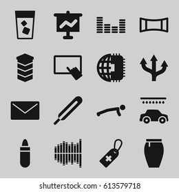 Icons icons set. set of 16 icons filled icons such as lipstick, finger on tablet, car wash, skirt, drink, medical cross tag, themometer, equalizer, panorama mode, building
