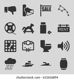 Icons icons set. set of 16 icons filled icons such as skirt, toilet, rain, medicine, volume, dislike, film tape, ship, board game, rent tag, swimmer, Electricity