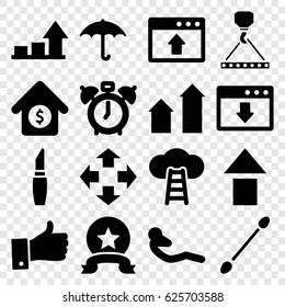 Up icons set. set of 16 up filled icons such as arrow up, lipstick, cotton buds, hook with cargo, abdoninal workout, keep dry cargo, house sale, graph, medal