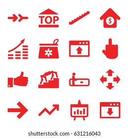 Up icons set. set of 16 up filled icons such as escalator, stairs, make up bag, middle finger, top of cargo box, house sale, graph, chart, arrow, move, money growth