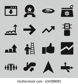 Up icons set. set of 16 up filled icons such as escalator up, fried egg and bacon, cargo only in box allowed, navigation arrow, line chart, graph, medal, man with ladder