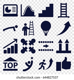 Up icons set. set of 16 up filled icons such as ladder, top of cargo box, stair, chart on display, graph, air balloon, man with ladder, winner, arrow, roundelay