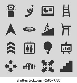 Up icons set. set of 16 up filled icons such as elevator, fried egg and bacon, ladder, cargo only in box allowed, navigation arrow, stair, chart, chart on display