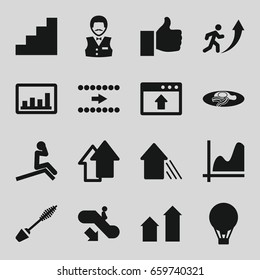 Up icons set. set of 16 up filled icons such as escalator down, arrow up, mascara, casino boy, fried egg and bacon, graph, stair, air balloon, arrow