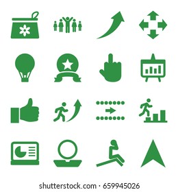 Up icons set. set of 16 up filled icons such as powder, make up bag, middle finger, navigation arrow, chart, chart on display, air balloon, medal, arrow, move