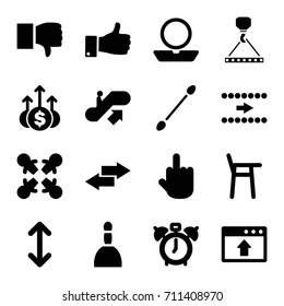 Up icons set. set of 16 up filled icons such as escalator up, spa bag, powder, cotton buds, hook with cargo, middle finger, arrow, clock alarm, dislike, roundelay