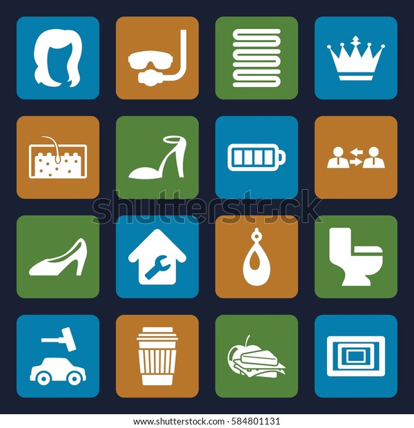 icons icons set. Set\
of 16 icons filled icons such as hairstyle, crown, heel sandals,\
earring, towels, car wash, toilet, drink, sandwich and apple, woman\
shoe, baterry, hair