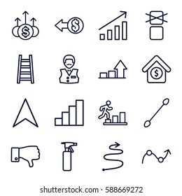 up icons set. Set of 16 up outline icons such as spray bottle, cotton buds, Casino boy, ladder, cargo only in box allowed, navigation arrow, dislike, stair, house sale, graph