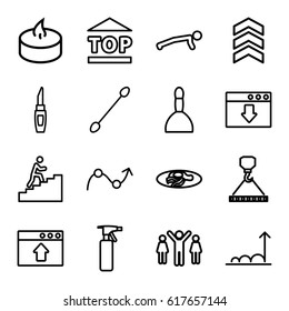 Up icons set. set of 16 up outline icons such as spray bottle, spa bag, lipstick, cotton buds, hook with cargo, fried egg and bacon, top of cargo box, candle, graph