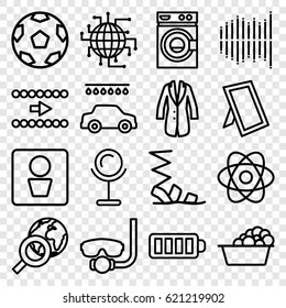 Icons icons set. set of 16 icons outline icons such as man WC, mirror, washing machine, laundry, car wash, sandals, baterry, equalizer, jacket, photo, atom, arrow, CPU planet