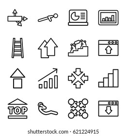 Up icons set. set of 16 up outline icons such as ladder, push up, abdoninal workout, graph, top of cargo box, stair, chart on display, move, arrow, stairs, roundelay