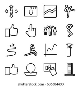 Up icons set. set of 16 up outline icons such as ladder, spray bottle, powder, man move, line chart, curved arrow, middle finger, like, graph