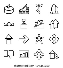 Up icons set. set of 16 up outline icons such as hook with cargo, candle, graph, dislike, move, stairs, money growth, forward