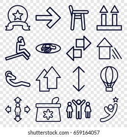 Up icons set. set of 16 up outline icons such as make up bag, man move, fried egg and bacon, abdoninal workout, air balloon, arrow, medal, winner, baby chair, forward
