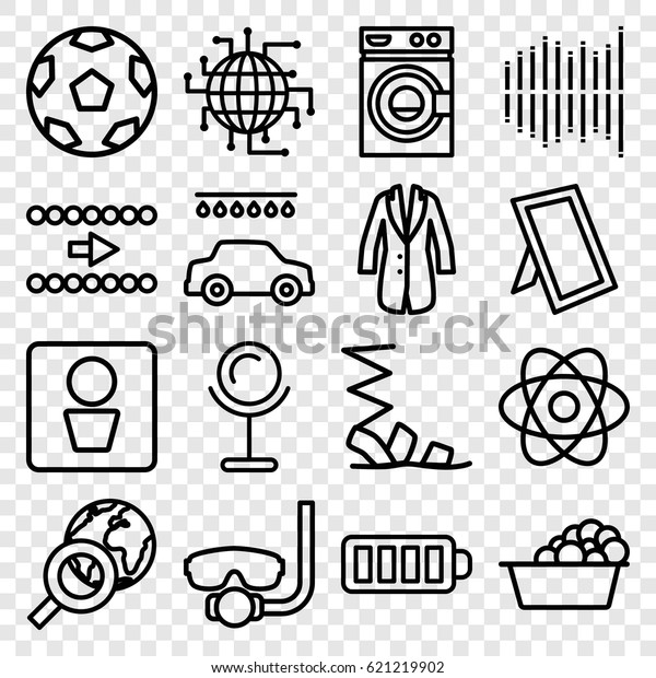 Icons icons set.\
set of 16 icons outline icons such as man WC, mirror, washing\
machine, laundry, car wash, sandals, baterry, equalizer, jacket,\
photo, atom, arrow, CPU\
planet