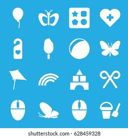 icons set. set of 16 icons such as butterfly, balloon, bucket toy for beach, from toy for beach, toy tower, kite, heart tag, mouse, candy cane