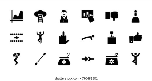 Up icons. set of 18 editable filled up icons: spa bag, cotton buds, hook with cargo, dislike, graph, man doing exercises, arrow, hand on graph, ladder to the sky, casino boy