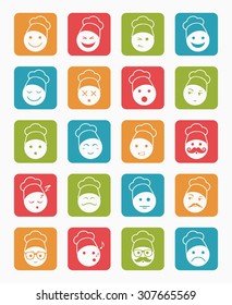 icons set 20 chef differents color on half face in color square