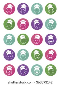 icons set 20 chef differents color on half face in colored circles