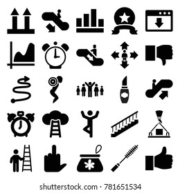 Up icons. set of 25 editable filled up icons such as escalator up, escalator down, dislike, graph, clock alarm, man doing exercises, download cloud, medal, ladder to the sky
