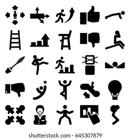 Up icons set. set of 25 up filled icons such as escalator down, baby chair, mascara, casino boy, man move, ladder, cargo only in box allowed, dislike, graph, air balloon