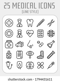 Icons set of 25 medical logos in outline style. Collection of health and injures vector (EPS10) symbols for web design.