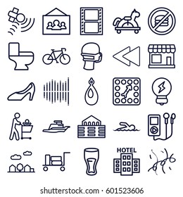 icons icons set. Set of 25 icons outline icons such as luggage, store, earring, toilet, drink, medical mask, woman shoe, movie tape, satellite, play back, equalizer, confetti