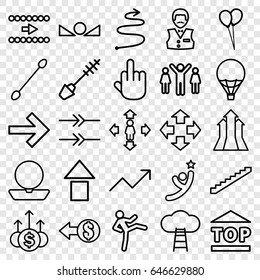 Up icons set. set of 25 up outline icons such as stairs, powder, mascara, cotton buds, casino boy, balloon, man move, top of cargo box, arrow up, graph, air balloon