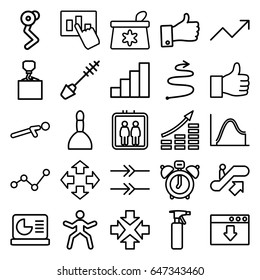 Up icons set. set of 25 up outline icons such as elevator, spray bottle, spa bag, mascara, hook with cargo, stair, graph, chart on display, curved arrow, arrow, move