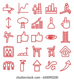 Up icons set. set of 25 up outline icons such as elevator, escalator up, ladder, baby chair, spray bottle, spa bag, fried egg and bacon, house sale, graph, arrow