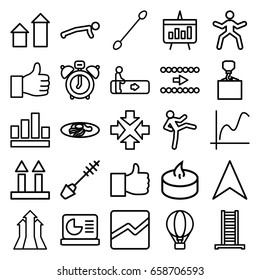 Up icons set. set of 25 up outline icons such as escalator, ladder, mascara, cotton buds, hook with cargo, fried egg and bacon, navigation arrow, line chart, candle, chart