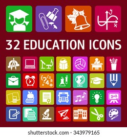 Icons set of 32 education objects, learning symbols and student equipment. Vector illustration on red background.