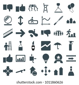 Up icons. set of 36 editable filled up icons such as escalator down, arrow up, spray bottle, spa bag, man move, hook with cargo, like, dislike, graph, keep dry cargo