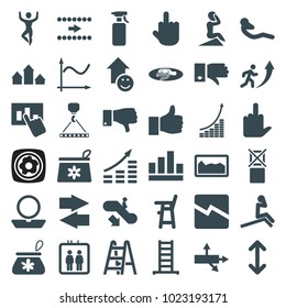 Up icons. set of 36 editable filled up icons such as elevator, escalator down, ladder, baby chair, powder, hook with cargo, graph, arrow, middle finger, fried egg and bacon