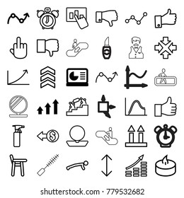 Up icons. set of 36 editable outline up icons such as graph, chart on display, spray bottle, powder, dislike, coin, move, clock alarm, middle finger, baby chair, money growth
