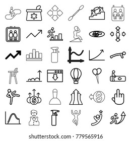 Up icons. set of 36 editable outline up icons such as graph, elevator, escalator, spray bottle, balloon, man move, middle finger, fried egg and bacon, man doing exercises