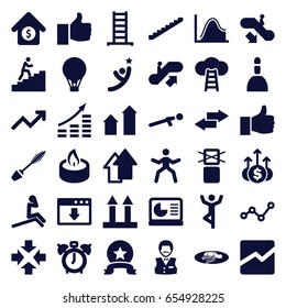 Up icons set. set of 36 up filled icons such as escalator down, ladder, stairs, spa bag, mascara, casino boy, fried egg and bacon, cargo only in box allowed, line chart