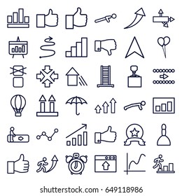 Up icons set. set of 36 up outline icons such as escalator, ladder, spa bag, balloon, hook with cargo, push up, navigation arrow, dislike, stair, graph, chart, air balloon