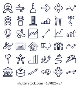 Up icons set. set of 36 up outline icons such as escalator up, ladder, stairs, spa bag, cotton buds, balloon, graph, top of cargo box