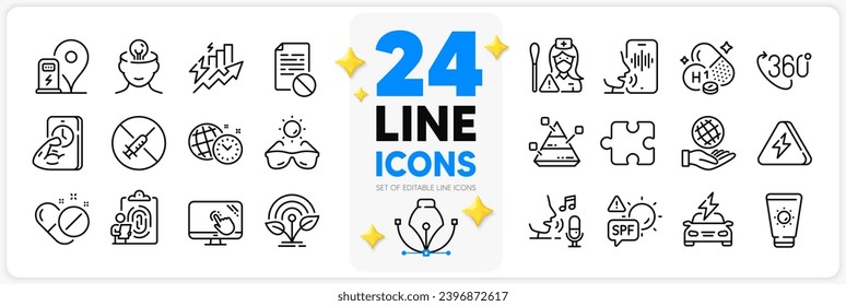 Icons set of 360 degree, Medical pills and Car charging line icons pack for app with Mental health, Microphone, Fitness thin outline icon. Fingerprint, Wrong file, Consumption growth pictogram. Vector