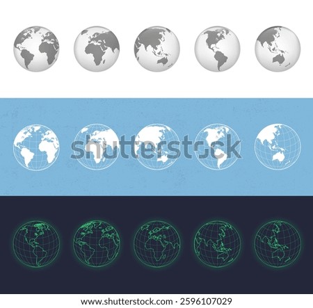 Icons set of 3D globes in three different styles: grayscale, vintage blueprint, and futuristic neon. North America, South America, Europe, Asia, Africa, Oceania globes icons. Vector illustration