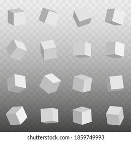 Conjunto de iconos de modelos 3d de cubos blancos. Aislado sobre un fondo transparente. Escuadrones 3d realistas en diferentes posiciones. Ilustración del vector