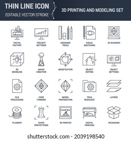 Conjunto de iconos de impresión y modelado 3D. Colección de símbolos de esquema de calidad superior. Simple Mono Linear Pictograma Pack para infografías, presentaciones, interfaz de usuario, etc.