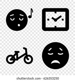 icons set. set of 4 face filled icons such as child bicycle, crying emot, emoji listening music