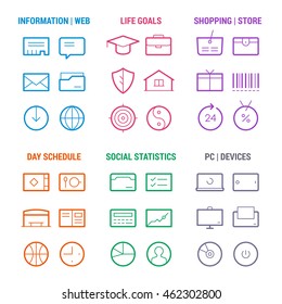 Icons set of 6 life areas: information, goals, shopping, schedule, statistics, devices. Colored on white.