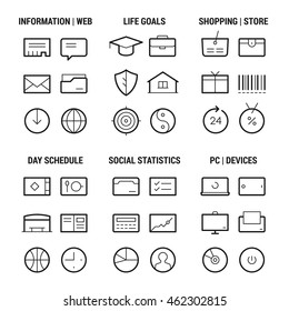 Icons set of 6 life areas: information, goals, shopping, schedule, statistics, devices. Linear, black.