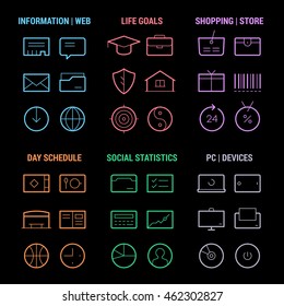 Icons set of 6 life areas: information, goals, shopping, schedule, statistics, devices. Colored on black.