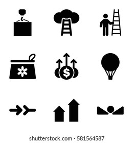 up icons set. Set of 9 up filled icons such as hook with cargo, air balloon, arrow, man with ladder
